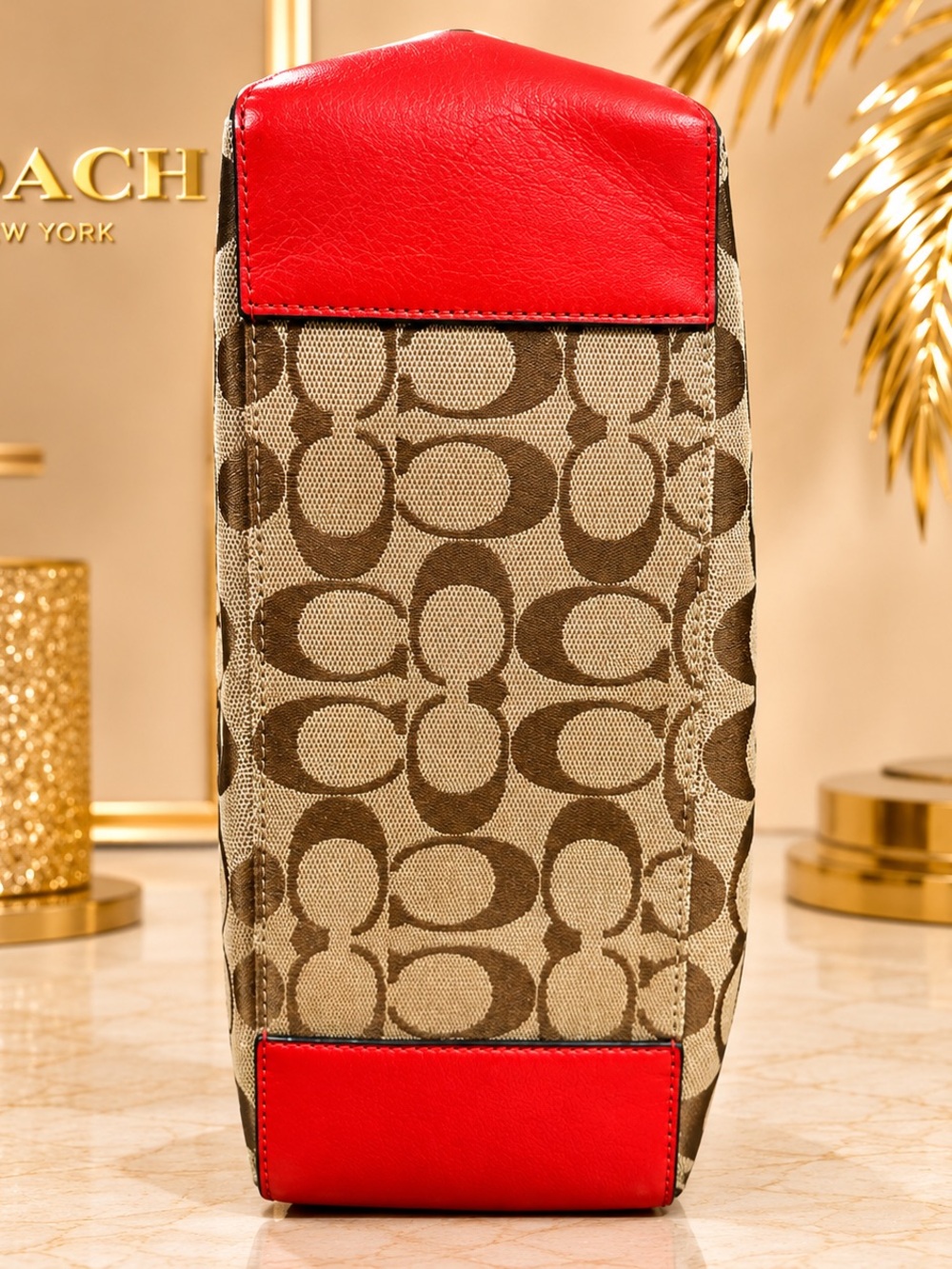 COACH Signature Jacquard Tote Bag Red Leather Trim - Picture 3 of 12